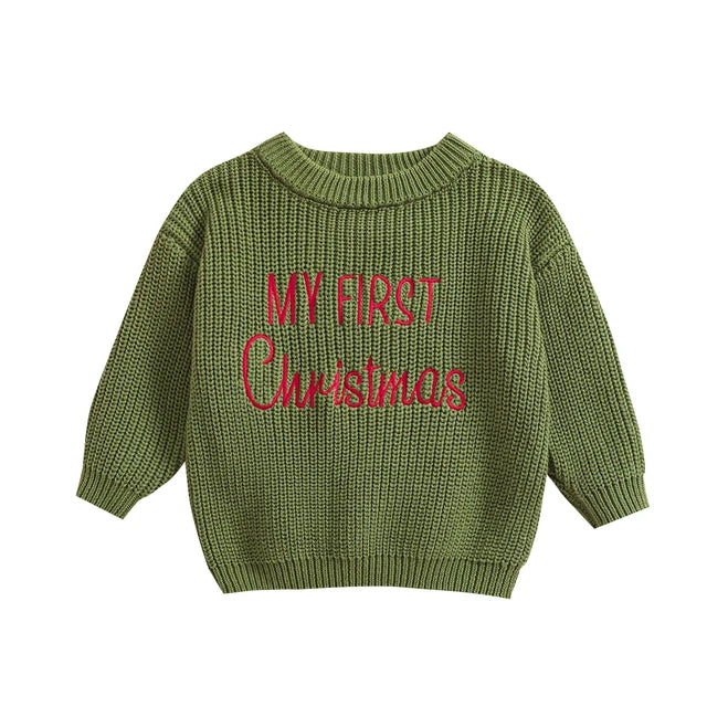 Kersttrui – Mijn Eerste Kerst Unisex, Groen/Rood/Khaki/Wit, Katoen, Maat 0-2 Jaar-More For Mini