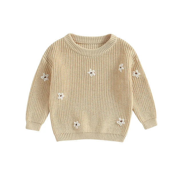 Gebreide Trui met Bloemen – Meisjes, Beige/Groen/Grijs/Paars/Roze, Katoen, Maat 0-6 Jaar-More For Mini
