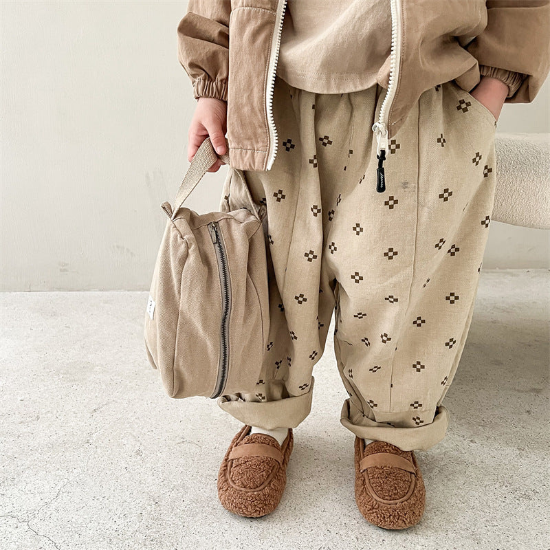 Baggy Broek met Print - Mila Bloomers Unisex, Bruin/Beige, Katoen, Linnen, Maat 0-6 Jaar