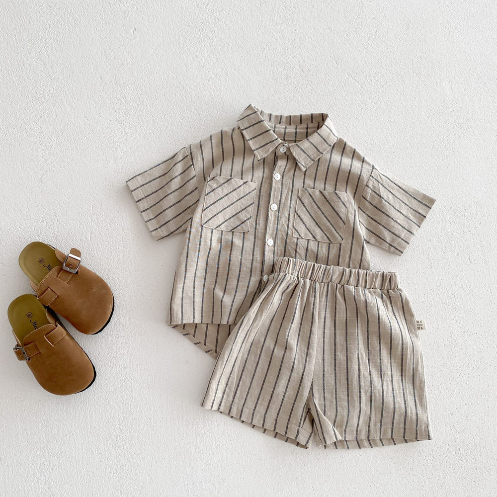 Zomerset Korte Broek met Shirt - Gestreepte Linnen Set Jongens, Beige, Katoen, Maat 0-5 Jaar