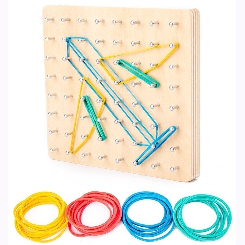 Montessori Geobord Hout – Vormenspel met Elastiekjes (3+ Jaar)