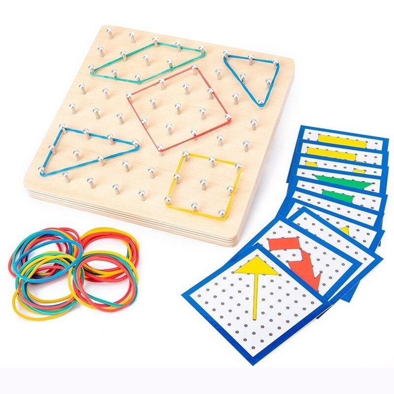 Montessori Geobord Hout – Vormenspel met Elastiekjes (3+ Jaar)
