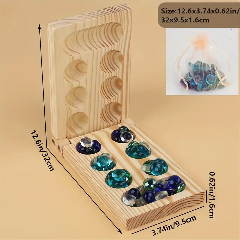 BrainStones – Luxe Draagbaar Mancala Reisspel voor Familie, Kinderen en Strategieliefhebbers – Educatief, Compact en Hoogwaardig Houten Bord met 48 Glazen Stenen