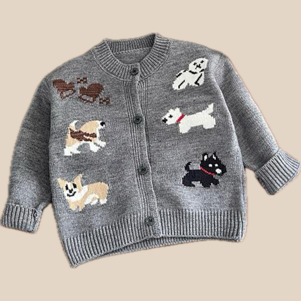 Gebreid Vest met Honden - Puppy Love Unisex, Grijs, Katoen, Maat 0-4 Jaar