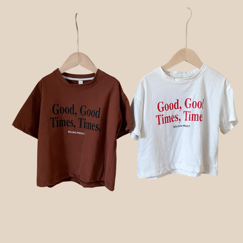 T-shirt met Good Times print – Lumi & Loom Unisex, Bruin/Wit, Katoen, Maat 0-8 Jaar