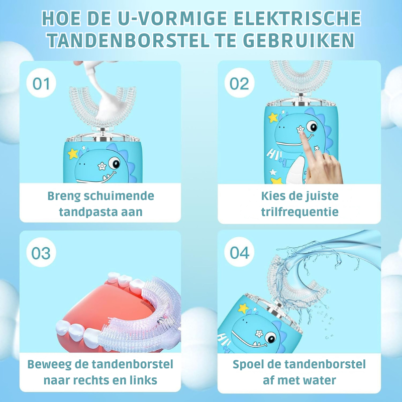 Elektrische Kinder Tandenborstel met 360° U-Borstel en Tandpasta | RoarClean Junior SonicBrush – Zacht, Waterdicht en Met 6 Poetsstanden