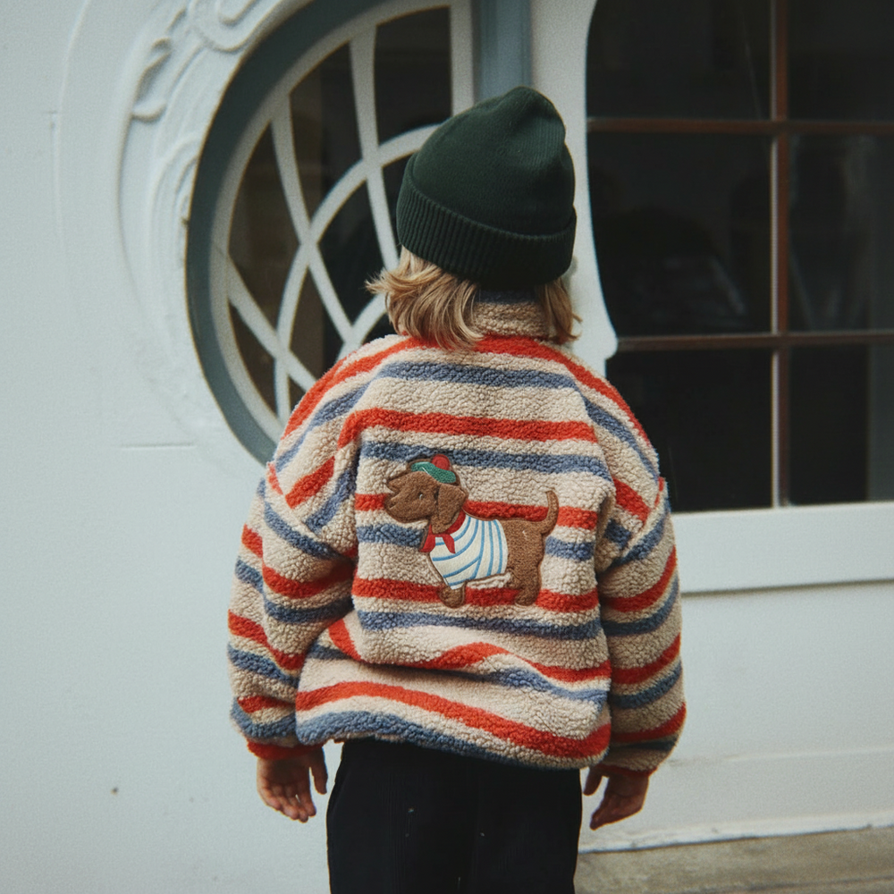 Kinderkleding van teddyfleece met print – jas, vest of broek, ritssluiting | berber fleece kind
