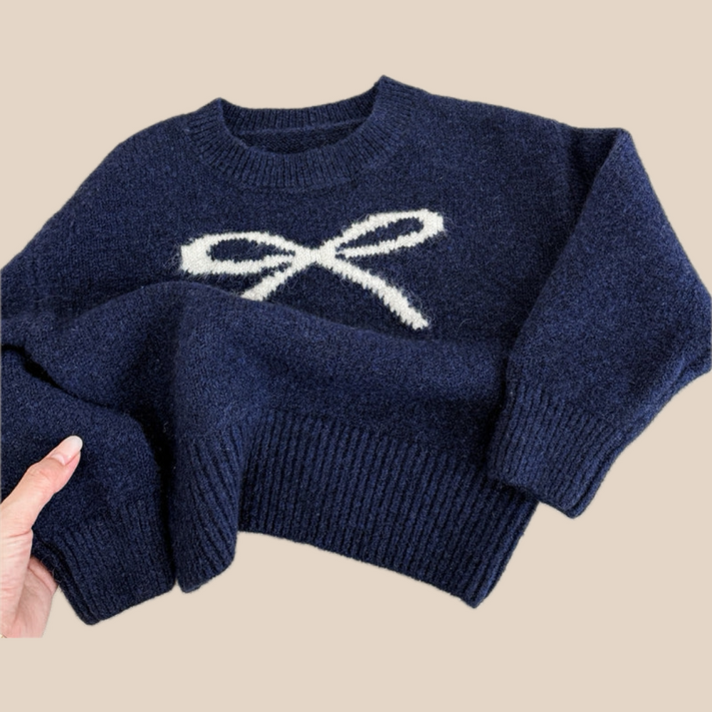 Gebreide Trui met Strik - BowSoft Meisjes, Blauw/Grijs, Katoen, Maat 0-6 Jaar