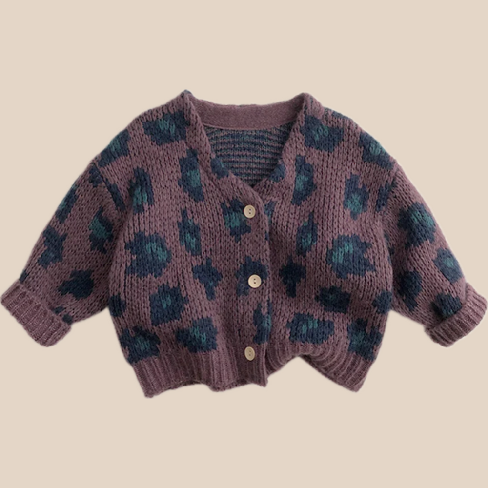Gebreid Vest met Luipaard print - Meisjes, Beige/Paars, Katoen, Maat 0-6 Jaar