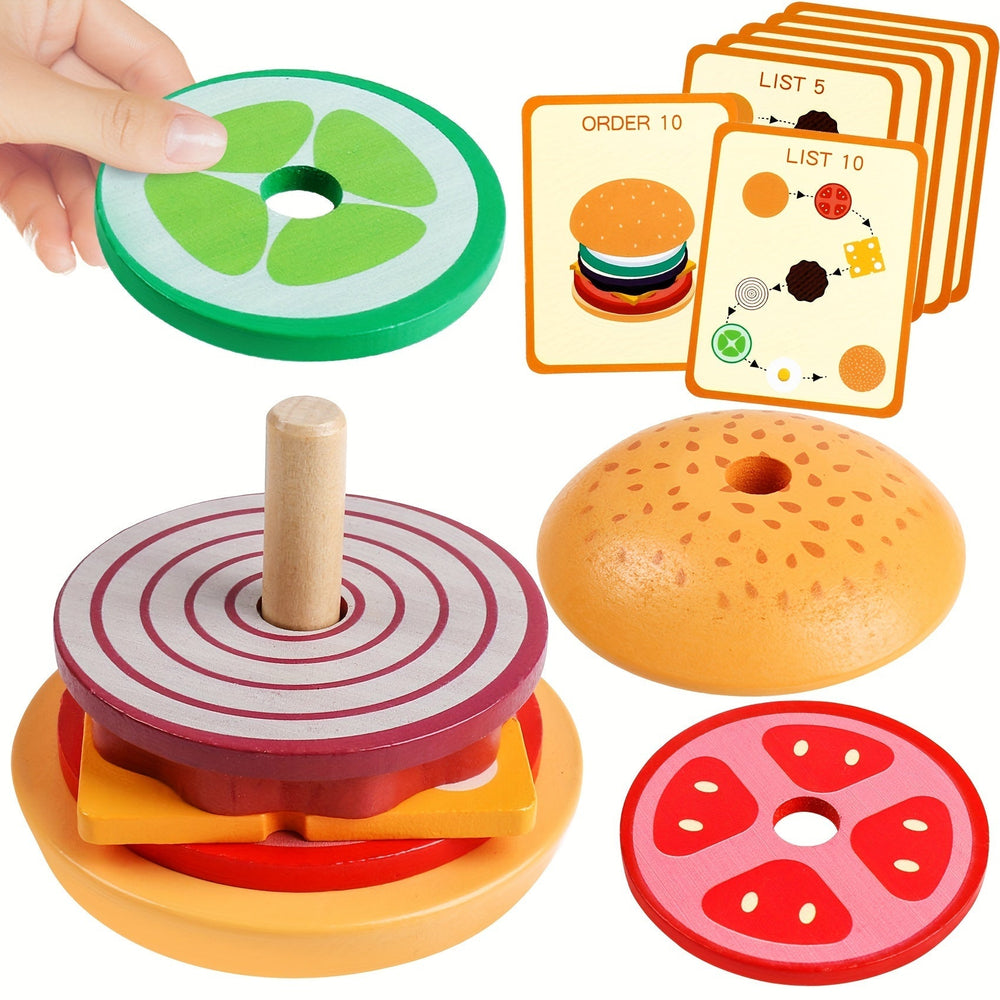 BurgerStacker Montessori Houten Stapelspel – Creatief & Educatief Speelgoed voor Kinderen vanaf 3 jaar, Ontwikkelt Fijne Motoriek en Probleemoplossend Vermogen