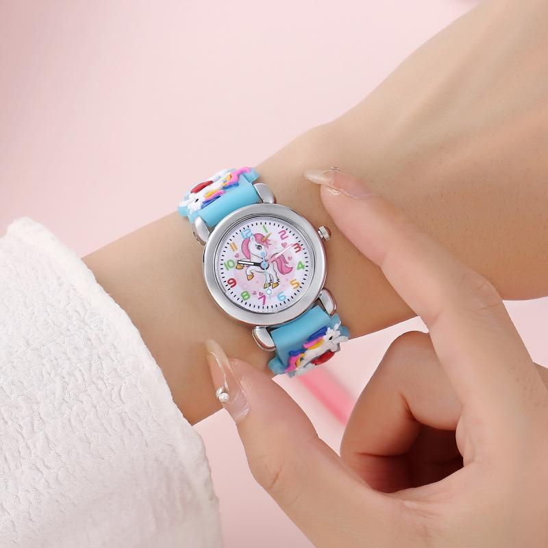 Kinderhorloge met eenhoorn en analoge wijzers – quartz, PVC-band, klokkijken leren | polshorloge