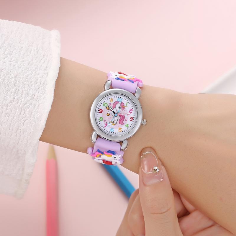 Kinderhorloge met eenhoorn en analoge wijzers – quartz, PVC-band, klokkijken leren | polshorloge