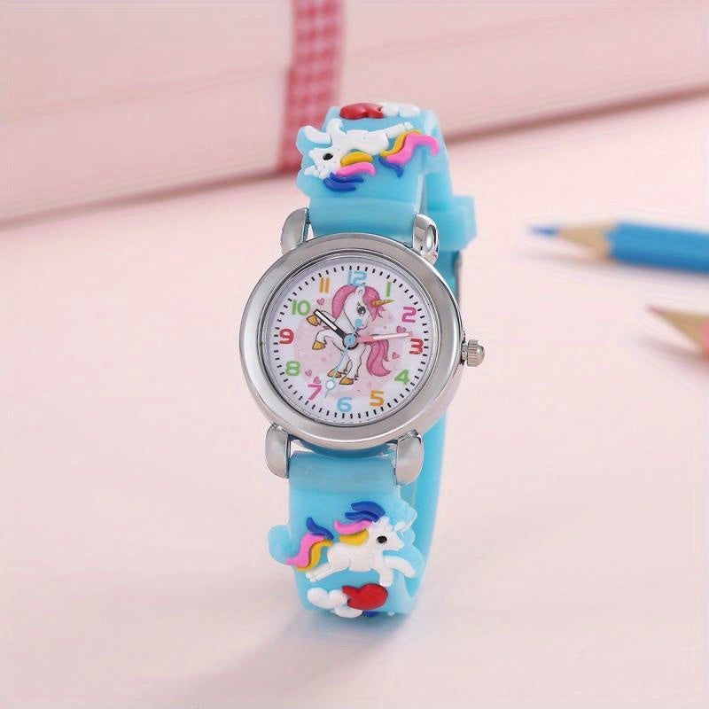 Kinderhorloge met eenhoorn en analoge wijzers – quartz, PVC-band, klokkijken leren | polshorloge