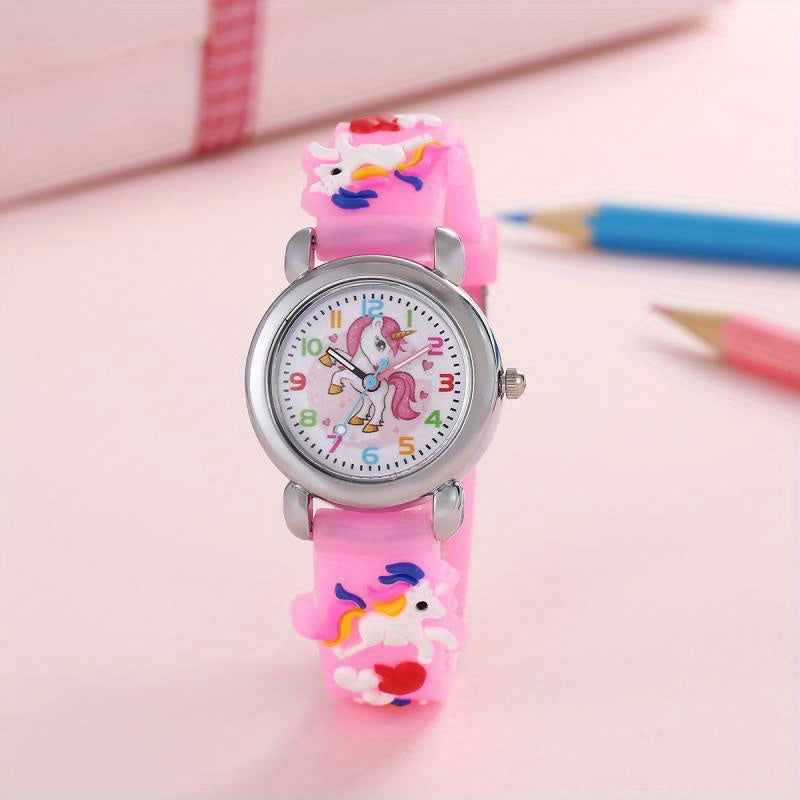Kinderhorloge met eenhoorn en analoge wijzers – quartz, PVC-band, klokkijken leren | polshorloge