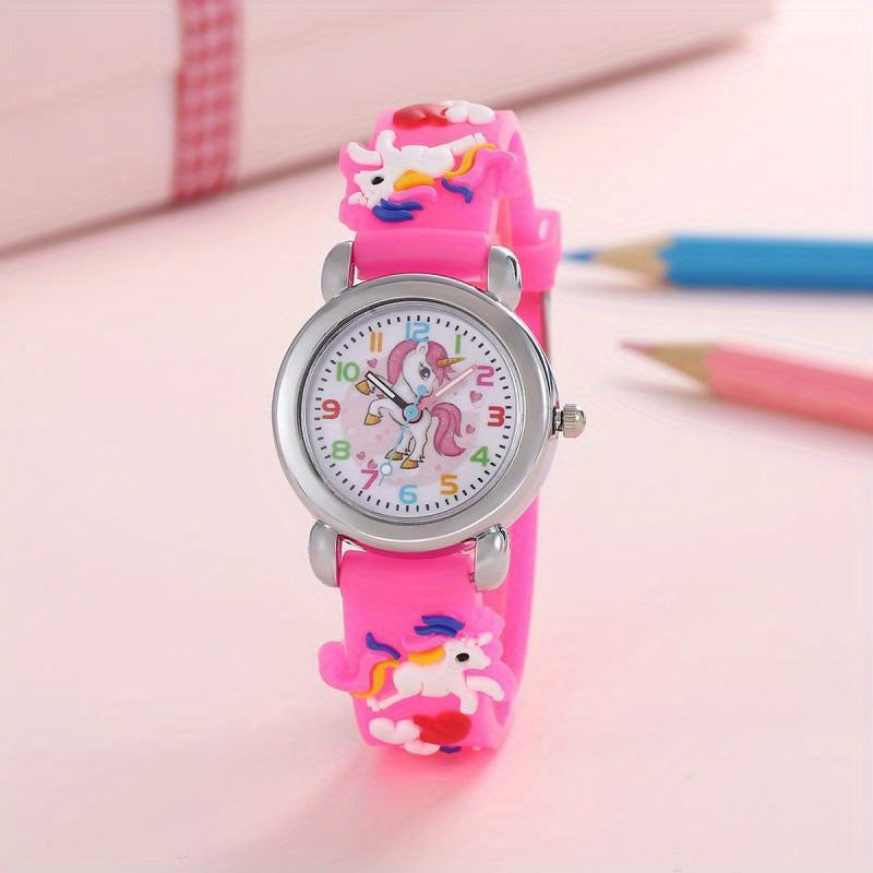 Kinderhorloge met eenhoorn en analoge wijzers – quartz, PVC-band, klokkijken leren | polshorloge
