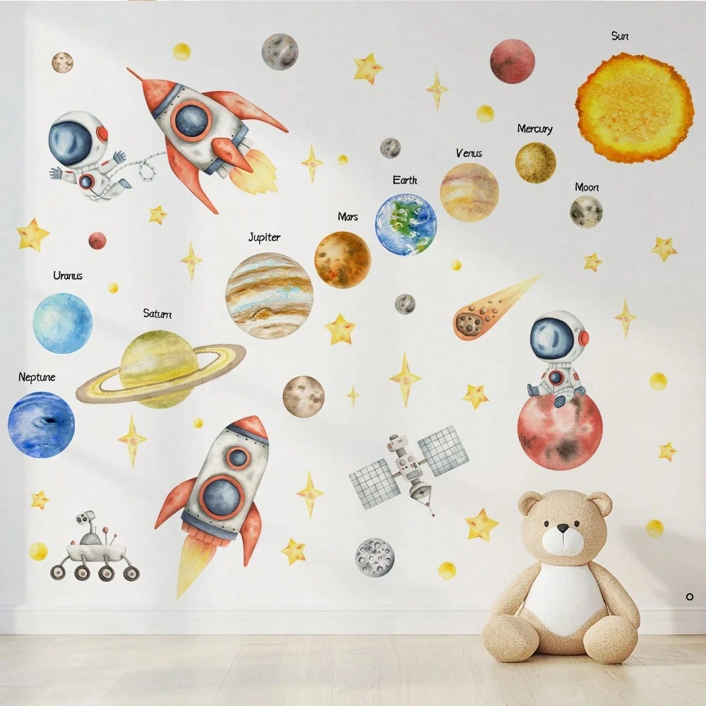 Kinderkamer Behang Ruimte – Sterren & Planeten Muurdecoratie | Veilig & Makkelijk Aanbrengen
