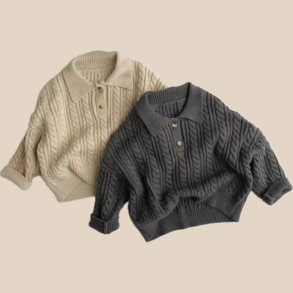 Gebreide Trui met Kabel - Pyi Unisex, Beige/Grijs, Katoen, Maat 0-6 Jaar