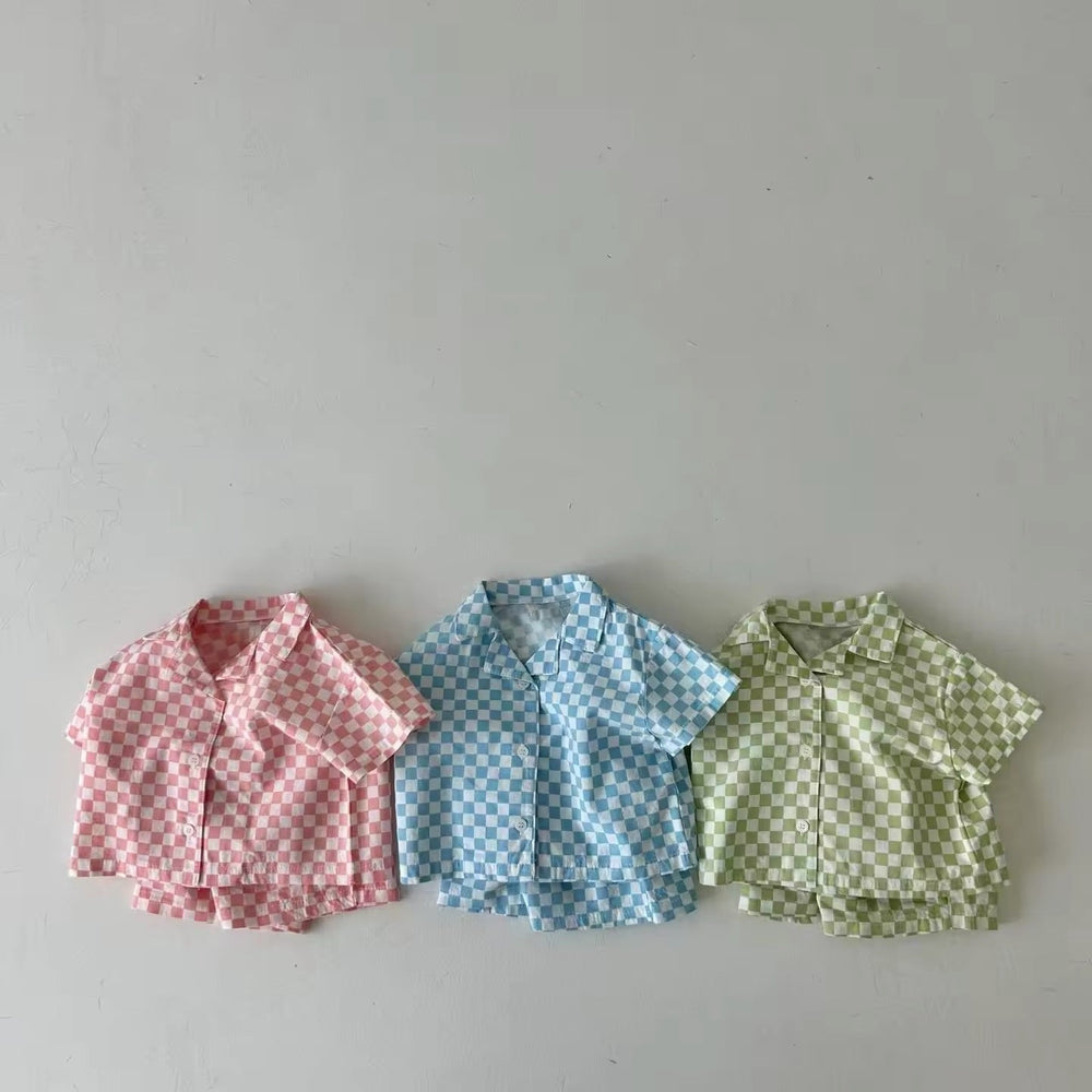 Trendy Geblokte Kledingset Shirt en Short - Baby Peuter Kleuter Kinderen, Roze/Blauw/Groen, Katoen, Maat 0-6 Jaar