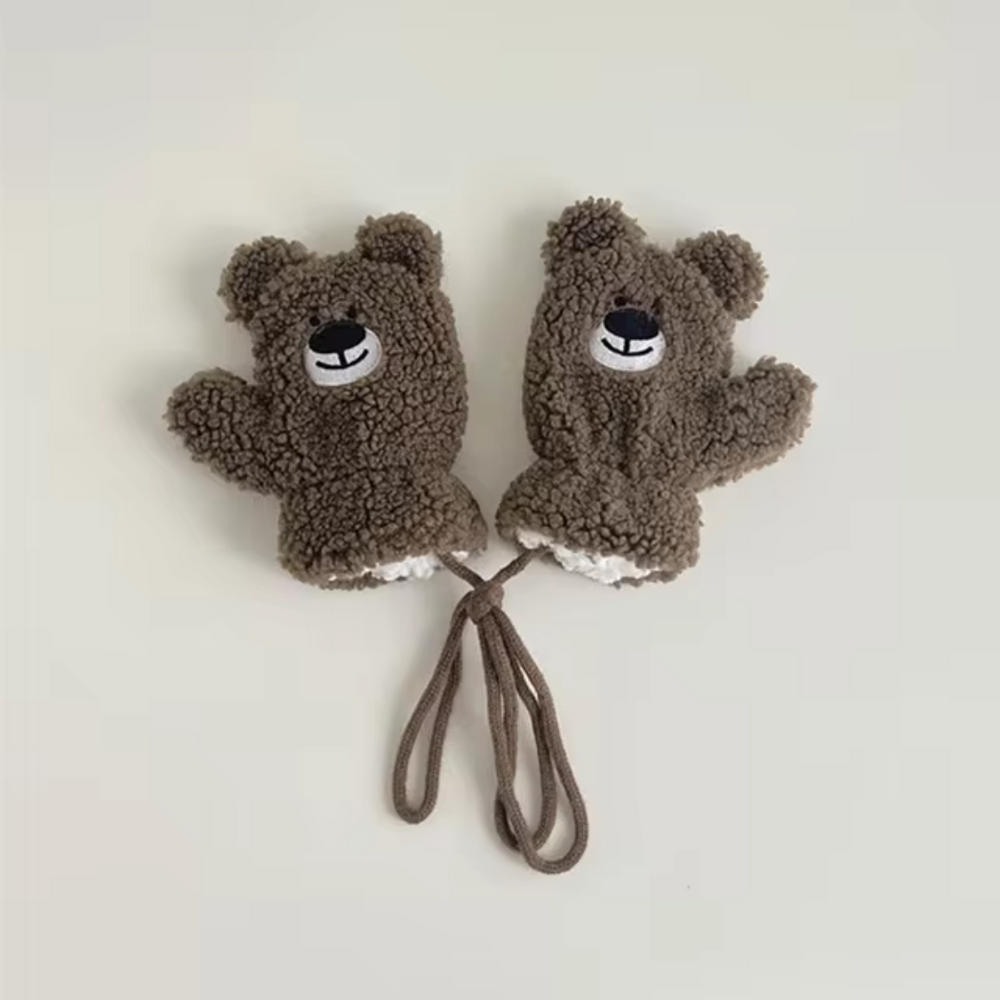 Beary Kinder Wanten – Warme Fleece Winterwanten met Berengezicht & Koord