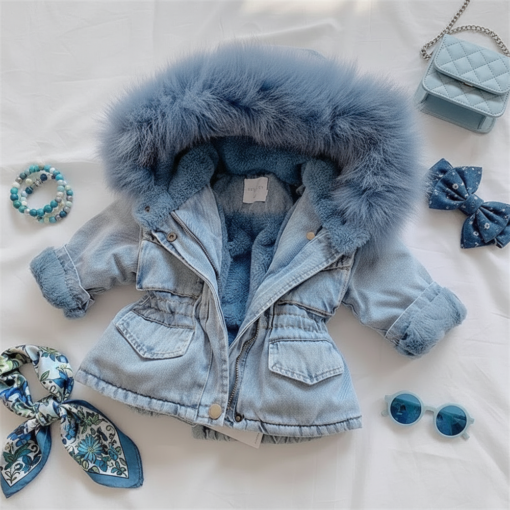 Warme Meisjes Denim Winterjas met Capuchon – AuroraCloud
