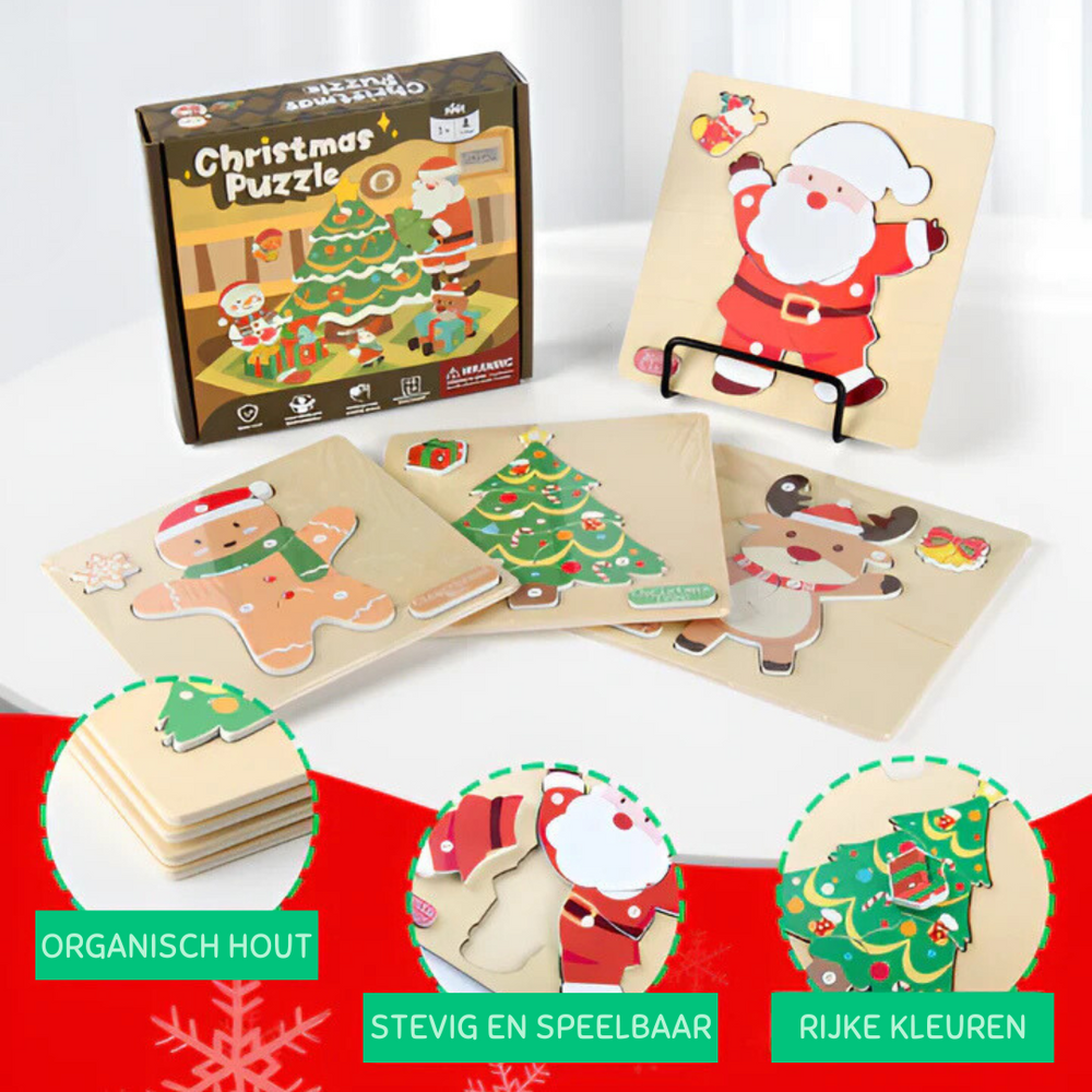 Christmas Puzzle Houten Puzzels voor Kinderen – Kerstman, Rendier, Kerstboom & Peperkoekmannetje – Educatief Speelgoed voor 3+ Jaar – Fijne Motoriek & Hand-Oogcoördinatie