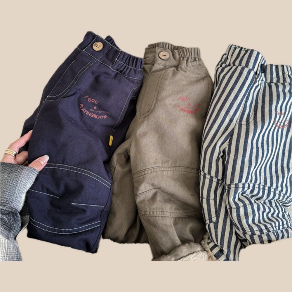 Broek met Fleece binnenkant - Little Explorer Unisex, Blauw/Groen/Gestreept, Katoen, Maat 0-6 Jaar