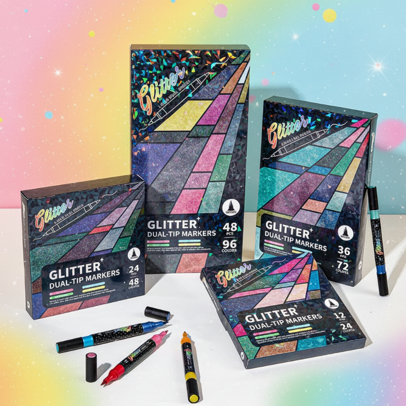 Dubbelzijdige glitterstiften set – fijne punt en brush tip, waterbasis inkt | lichtgevende markers