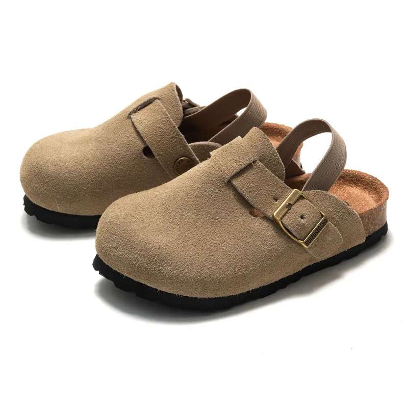Kinderclogs sandalen met suède look en leren bovenwerk, elastische hielband, kurken zool en antislip profiel voor dageli