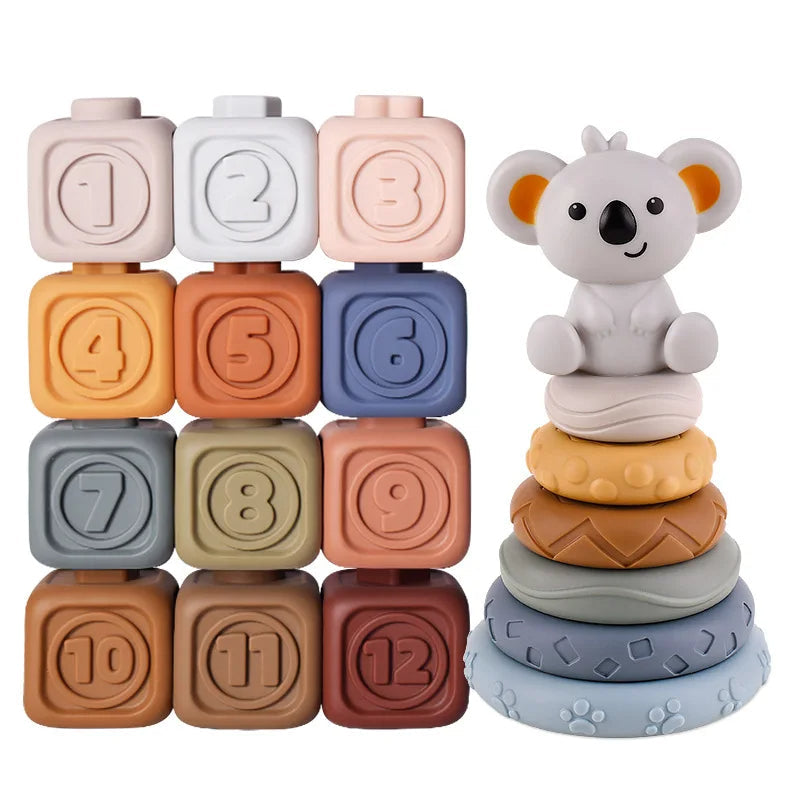 Stapel- en bijtspeelgoed koala met kubussen en ringen – zachte kunststof, texturen | babyspeelgoed