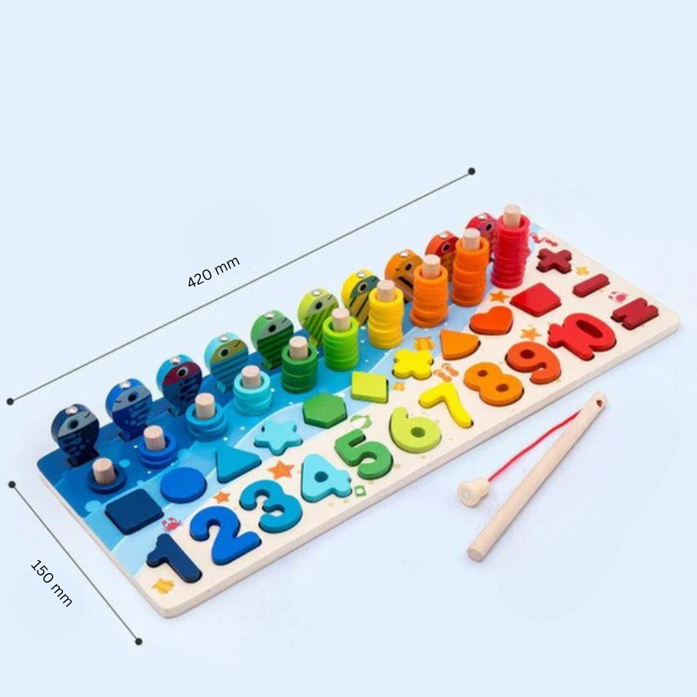 Montessori Houten Speelbord – Educatief Sensorisch Speelgoed van Beukenhout | Leren Rekenen, Alfabet & Visjes Vangen voor Kinderen 2+