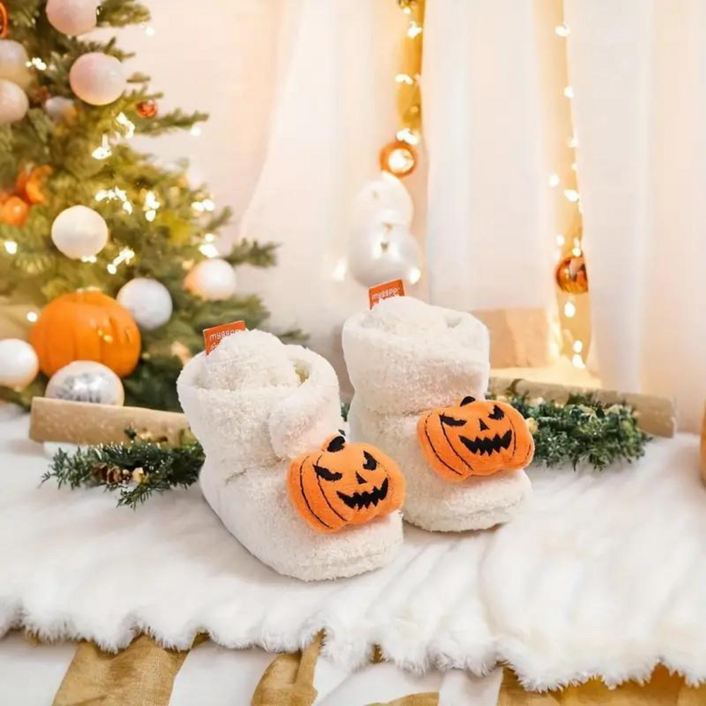 FrightFeet Kinder Sloffen Halloween – Warme Fleece Slofjes met Pompoen & Spinnen voor Herfst & Winter