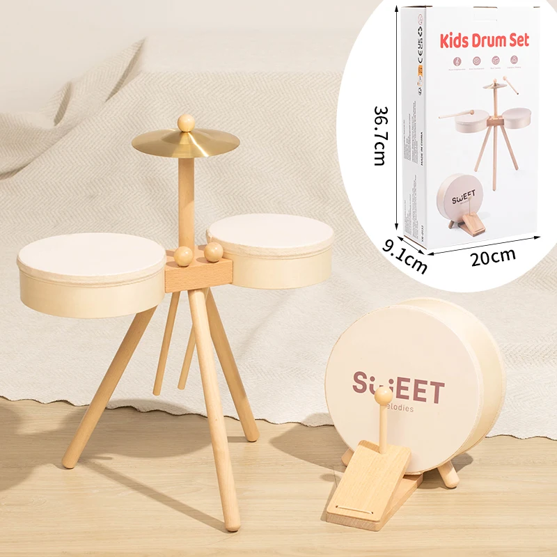 Houten drumstel met bekken en xylofoon – 5 instrumenten, beukenhout | muziekspeelgoed