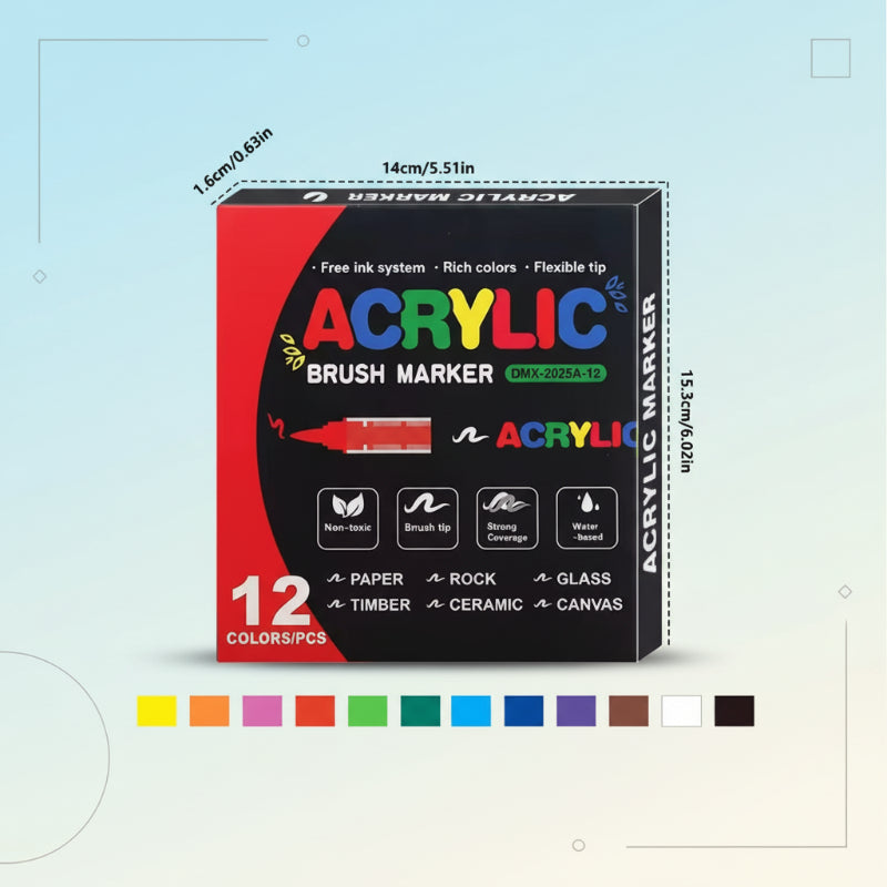 Acrylmarkers met flexibele penseelpunt voor glas, keramiek, steen, hout en papier, sneldrogende inkt op waterbasis