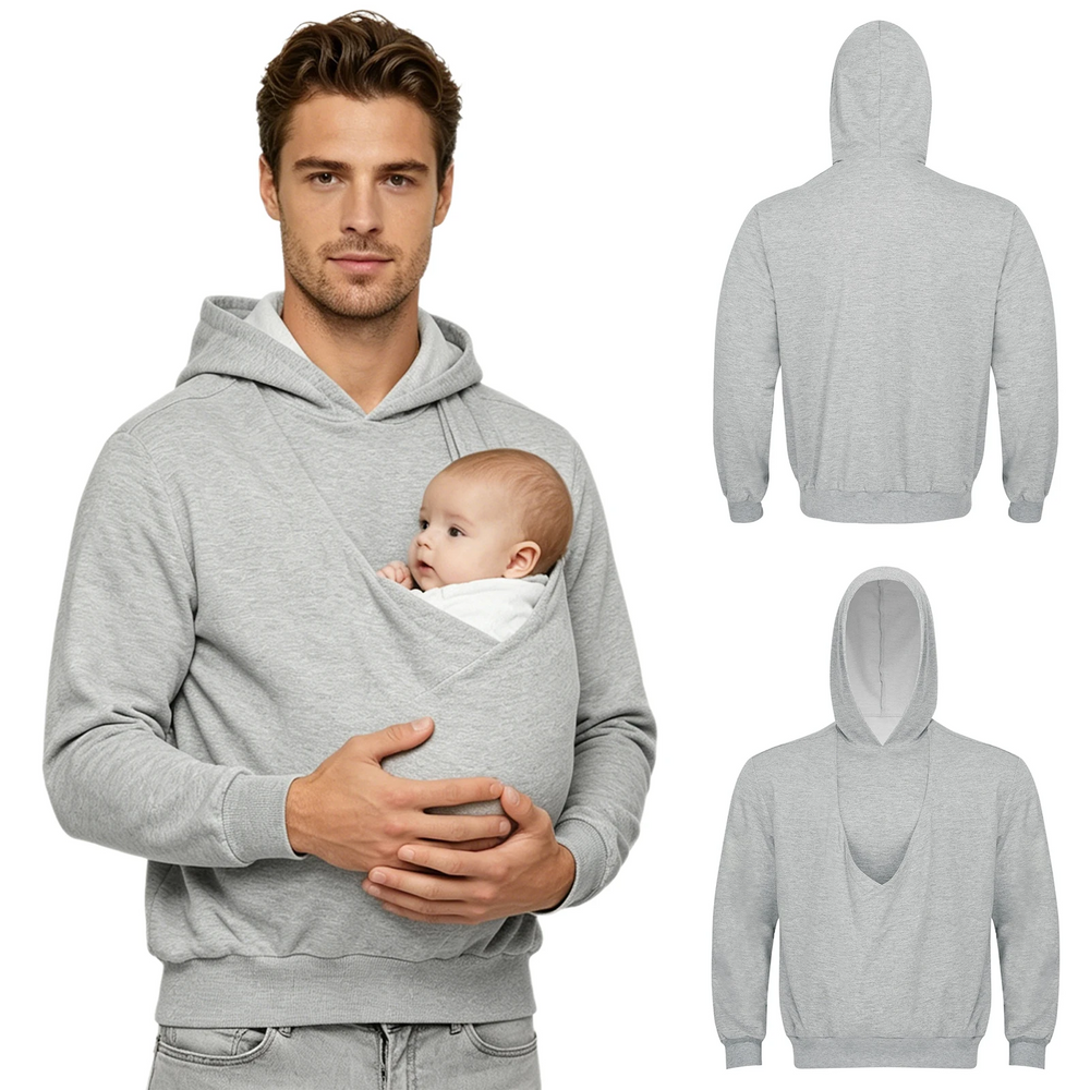 Heren hoodie met babybuidel van katoen – capuchon, lange mouwen, ruimvallend | draagtrui voor papa