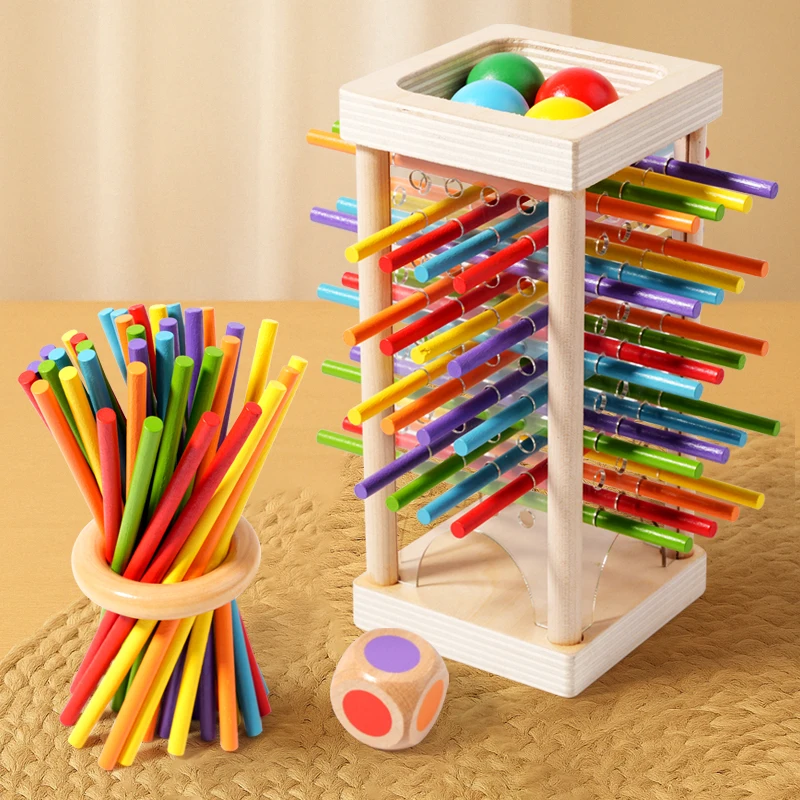 Stokjesspel van hout met kleurendobbelsteen – toren of ring, 2 of meer spelers | behendigheidsspel