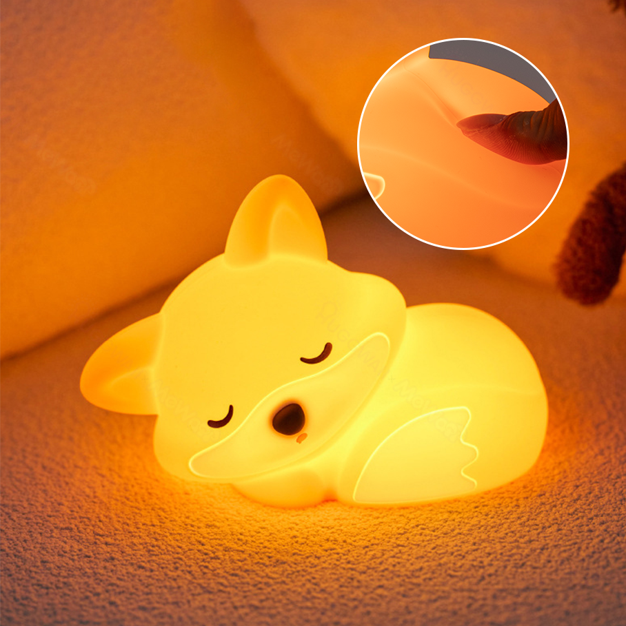 Nachtlampje vos van zacht silicone, USB-C oplaadbaar – tikbediening, 3 lichtstanden | kinderlampje