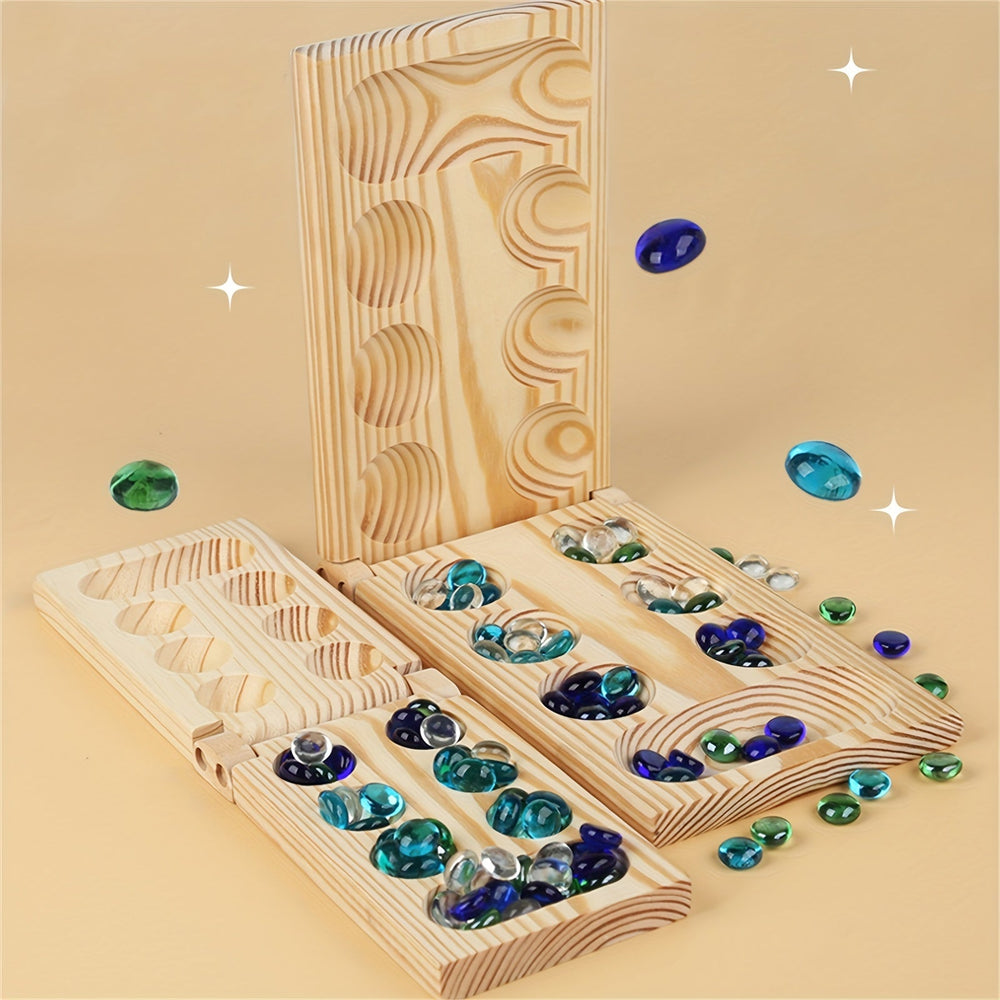 BrainStones – Luxe Draagbaar Mancala Reisspel voor Familie, Kinderen en Strategieliefhebbers – Educatief, Compact en Hoogwaardig Houten Bord met 48 Glazen Stenen