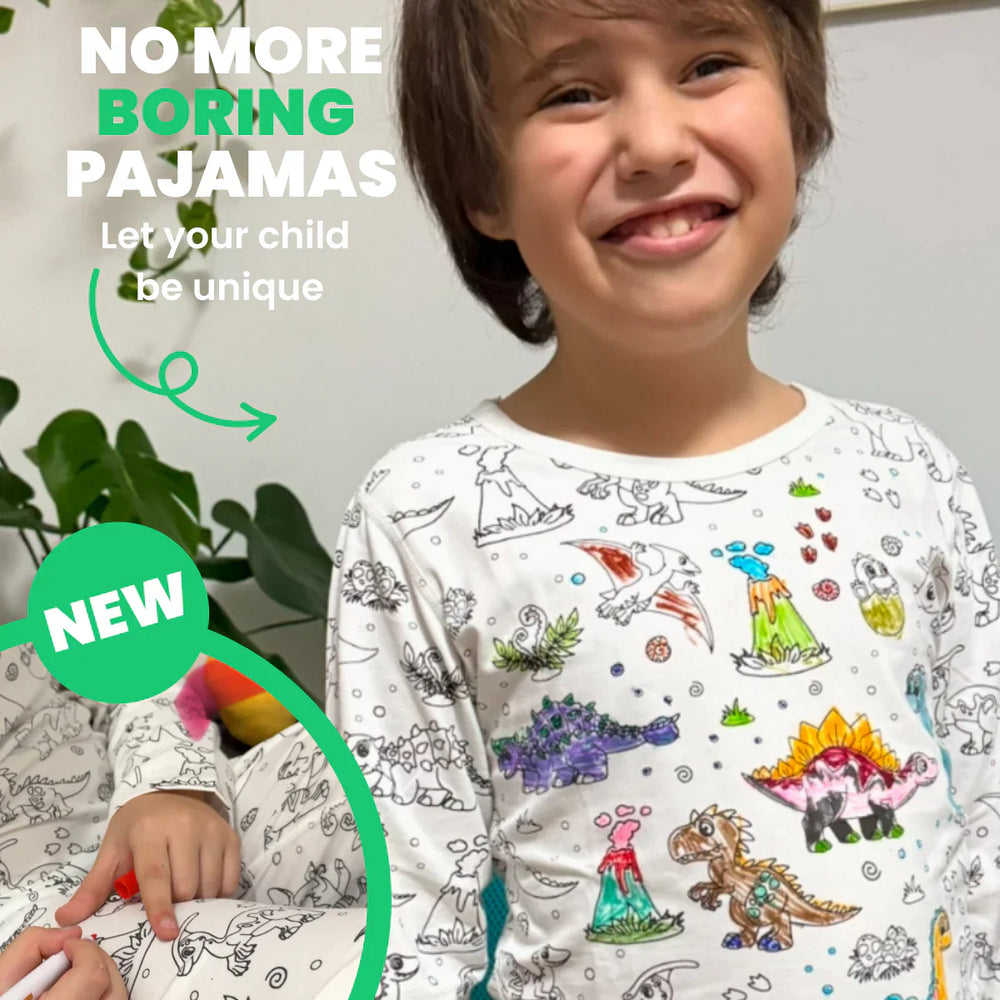 Inkleurbare kinderpyjama dino – DIY pyjama om zelf te kleuren