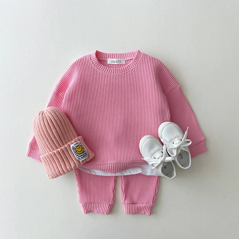 Set met Broek en Trui van Wafel - Porto-Novo Unisex, Blauw/Roze/Grijs/Groen/Geel, Katoen, Maat 0-3 Jaar-More For Mini