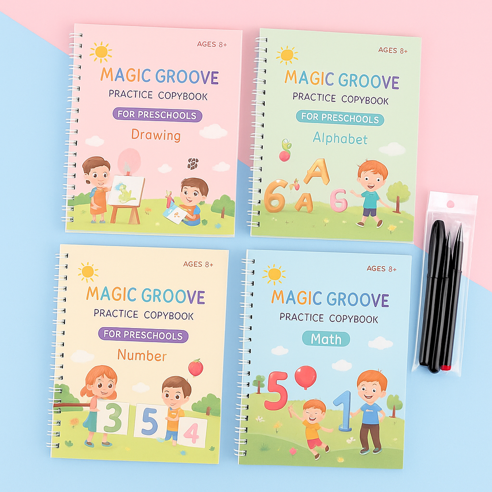 Engelse schrijfoefenboeken met groeven, set van 4 – cijfers, letters, rekenen, pen | oefenschriften