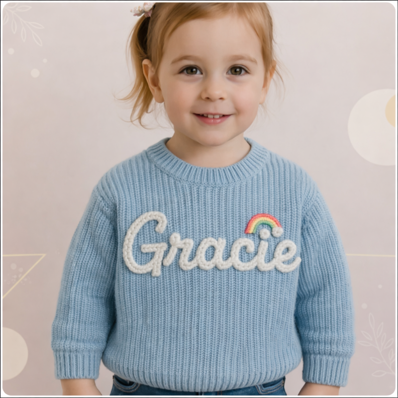 Kindertrui met naam en kerstboomprint – geborduurd, katoen, ronde hals | kersttrui baby