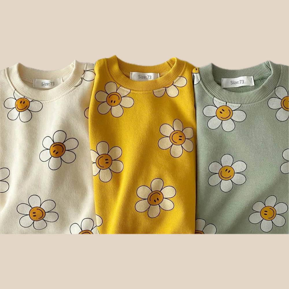 Sweater met Bloemenprint - Blije Bloemen Meisjes, Groen/Geel/Beige, Katoen, Maat 0-3 Jaar