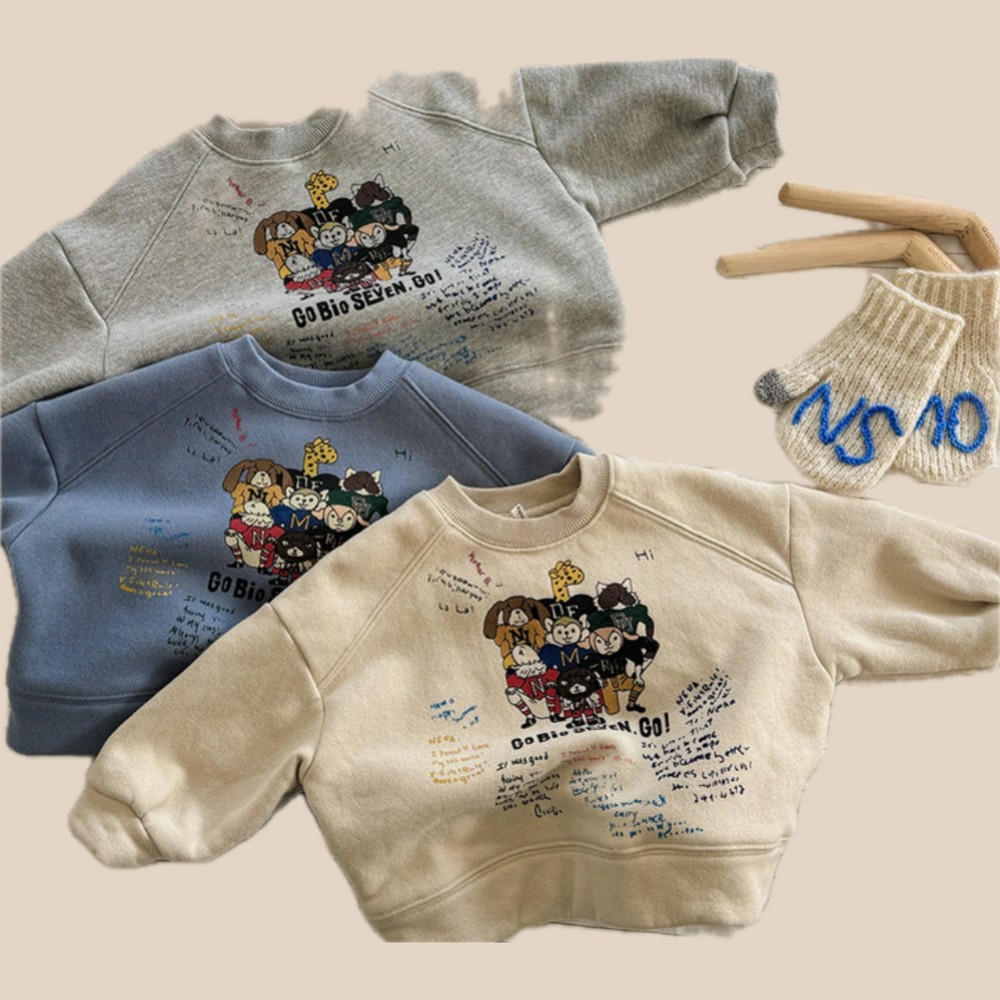Sweater met Print - FunCrew Unisex, Blauw/Grijs/Beige, Katoen, Maat 0-6 Jaar