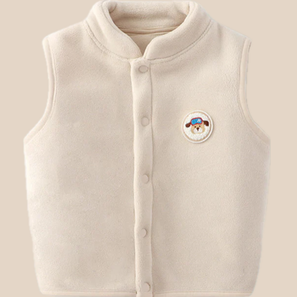 Gilet met Embleem – Woef Unisex, Bruin/Blauw/Roze/Wit, Fleece, Maat 1-5 Jaar