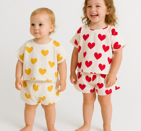 HeartBreeze Zomerset Meisjes – Comfortabele Katoenen Set met Hartjesprint (0-5 Jaar)