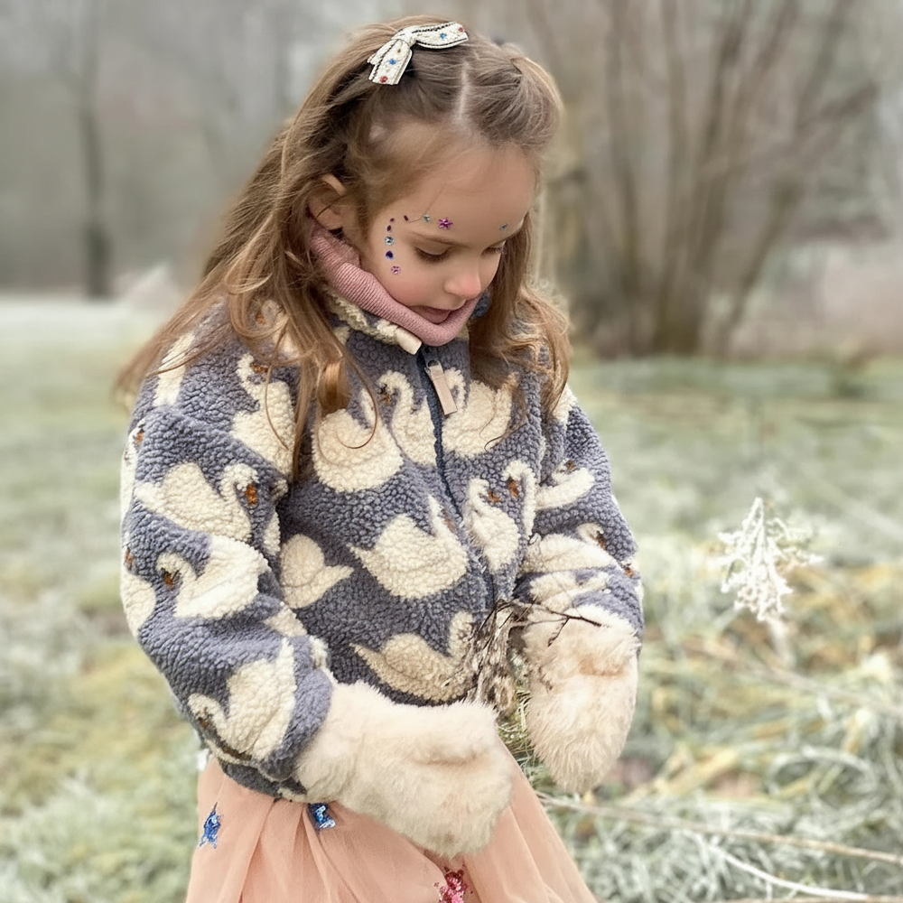 Kinderkleding van teddyfleece met print – jas, vest of broek, ritssluiting | berber fleece kind