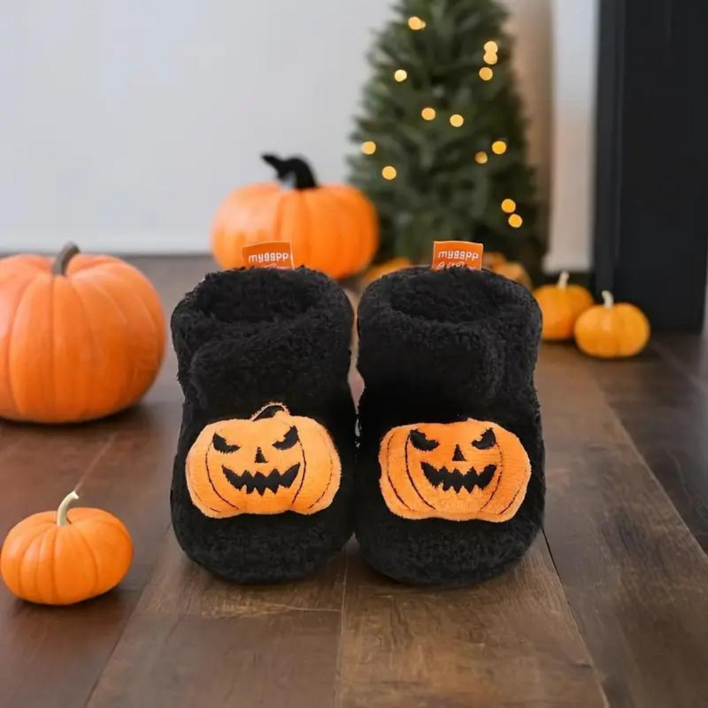 FrightFeet Kinder Sloffen Halloween – Warme Fleece Slofjes met Pompoen & Spinnen voor Herfst & Winter