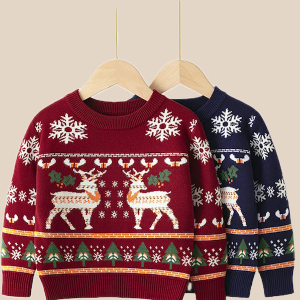 Kersttrui met Rendieren en Sneuwvlokken - Unisex, Rood/Blauw, Katoen, Maat 1-6 Jaar