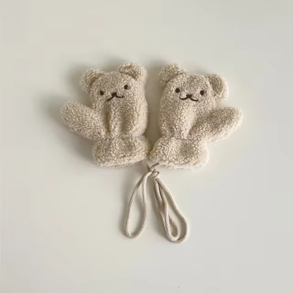 Beary Kinder Wanten – Warme Fleece Winterwanten met Berengezicht & Koord