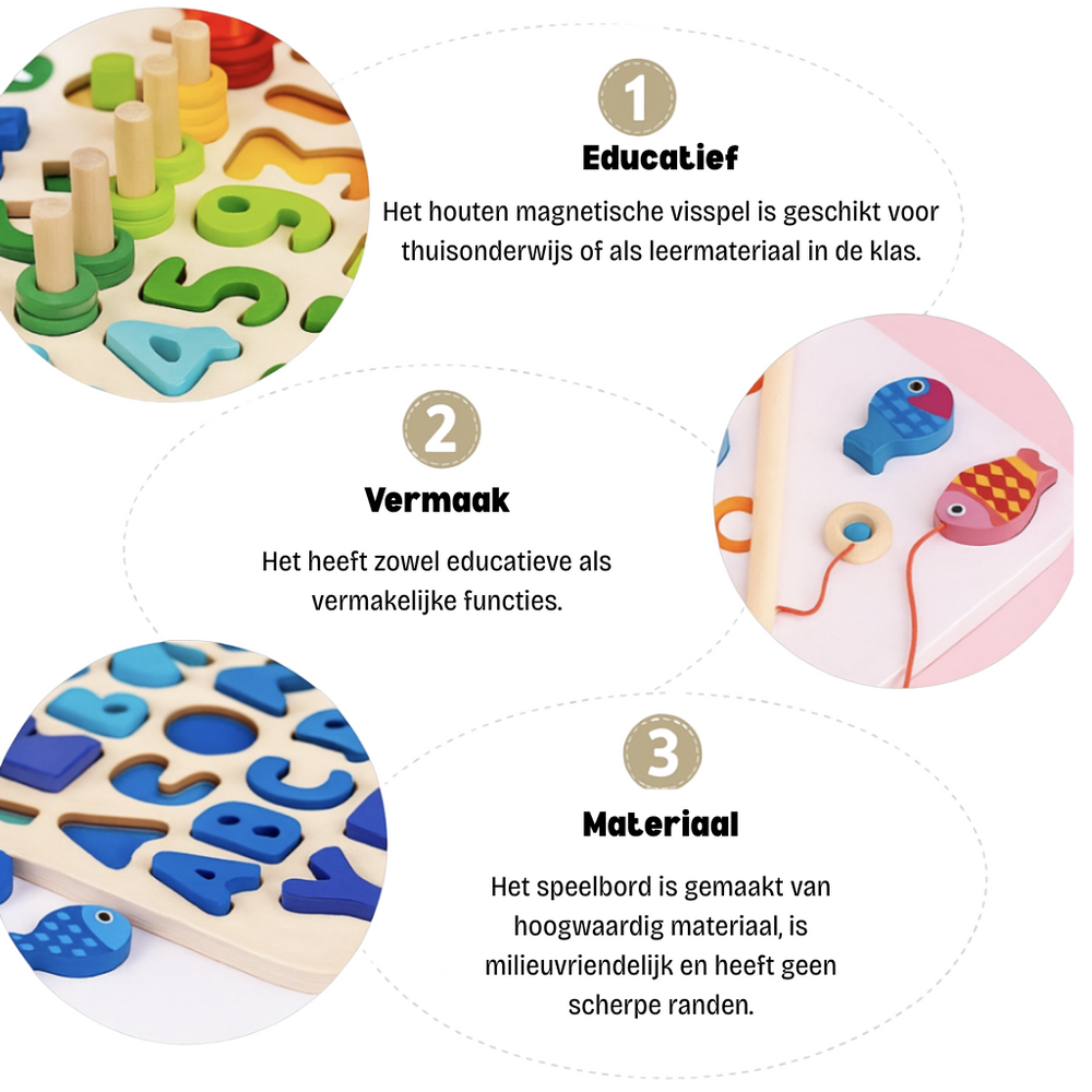 Montessori Houten Speelbord – Educatief Sensorisch Speelgoed van Beukenhout | Leren Rekenen, Alfabet & Visjes Vangen voor Kinderen 2+